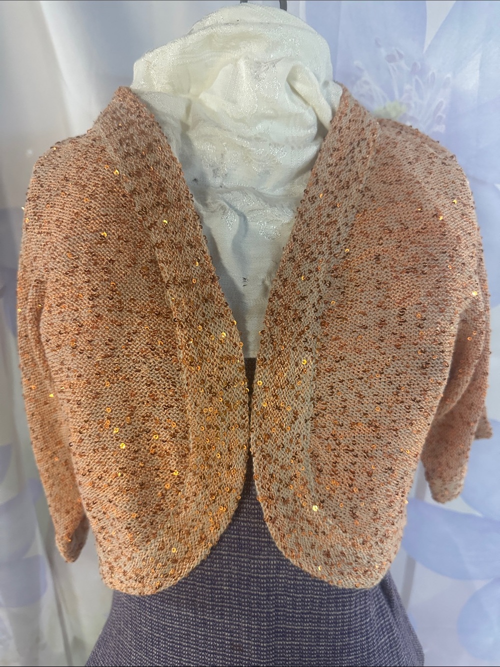 Premise Peach Sequin Cropped Open-Front Sweater Shrug